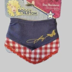 vintage floppy fish cat toy, paw print towel, and a cute bandana